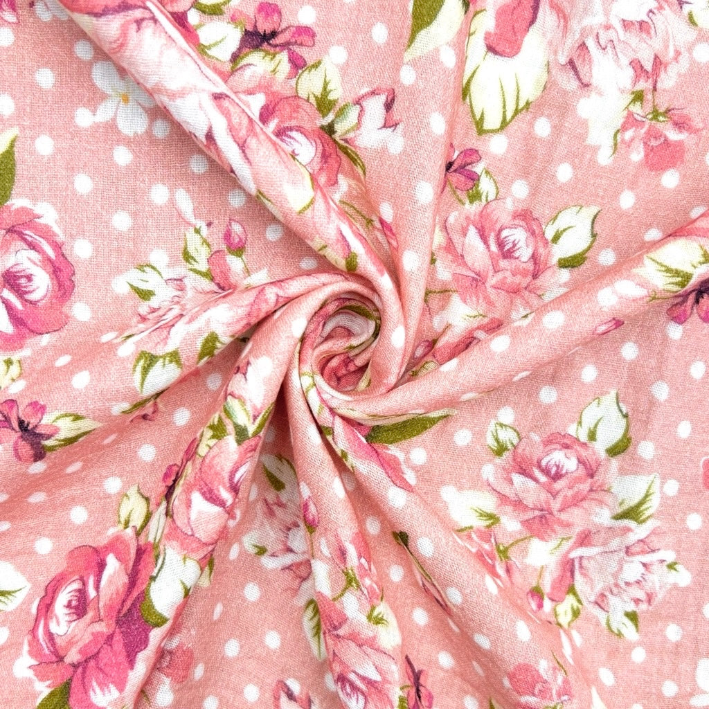 Pink Roses and Dots Double Gauze Fabric