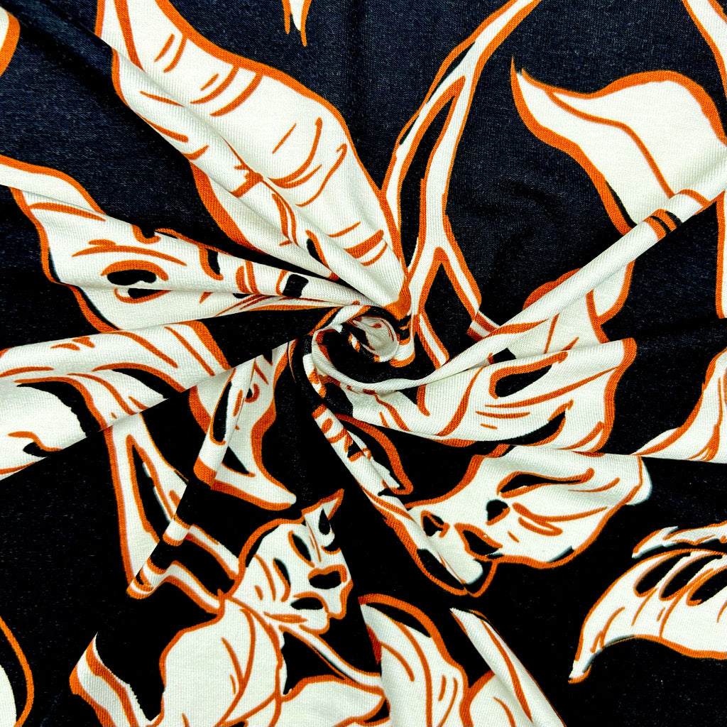Garden Vines on Black Viscose Jersey Fabric