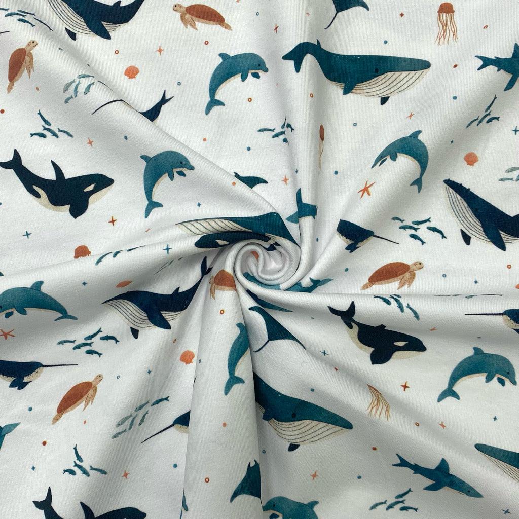 Sea Animals on White Cotton Jersey Fabric - Pound Fabrics