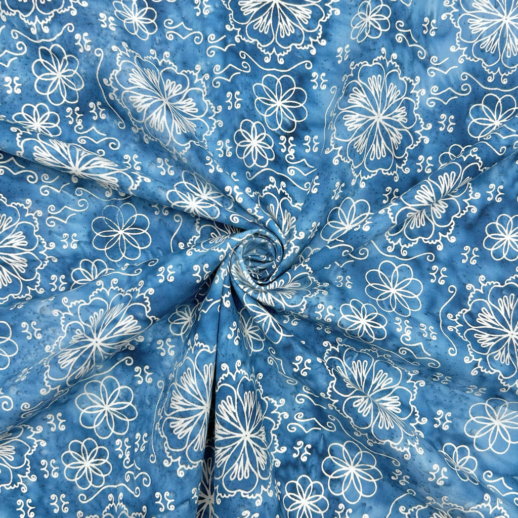 Abstract Flowers on Blue Cotton Batik Fabric