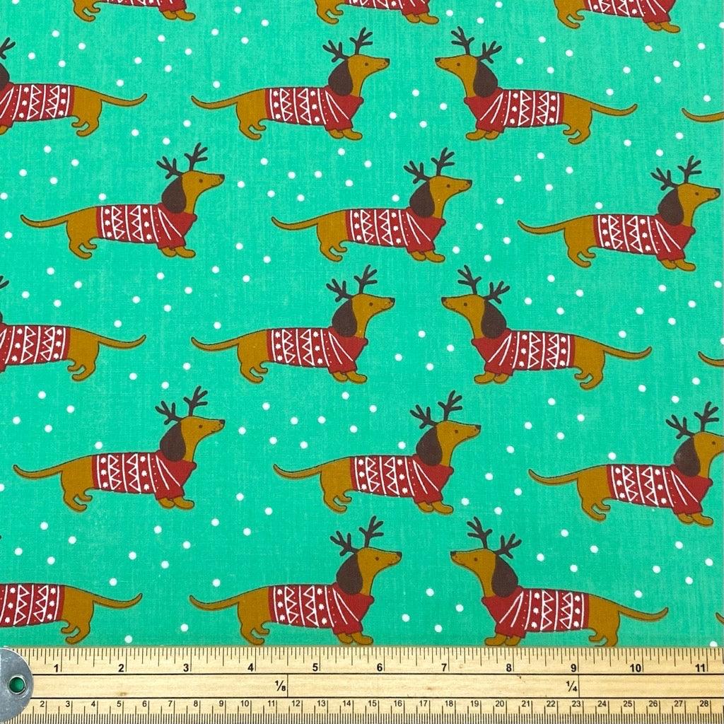 Christmas Sausage Dog Polycotton Fabric - Pound Fabrics