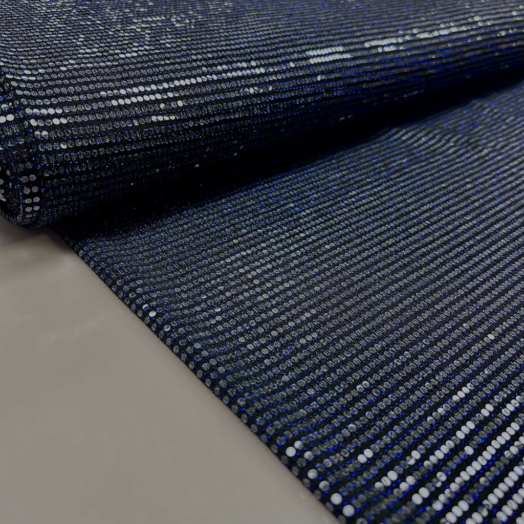 Blue Stardust on Black Stretch Fabric