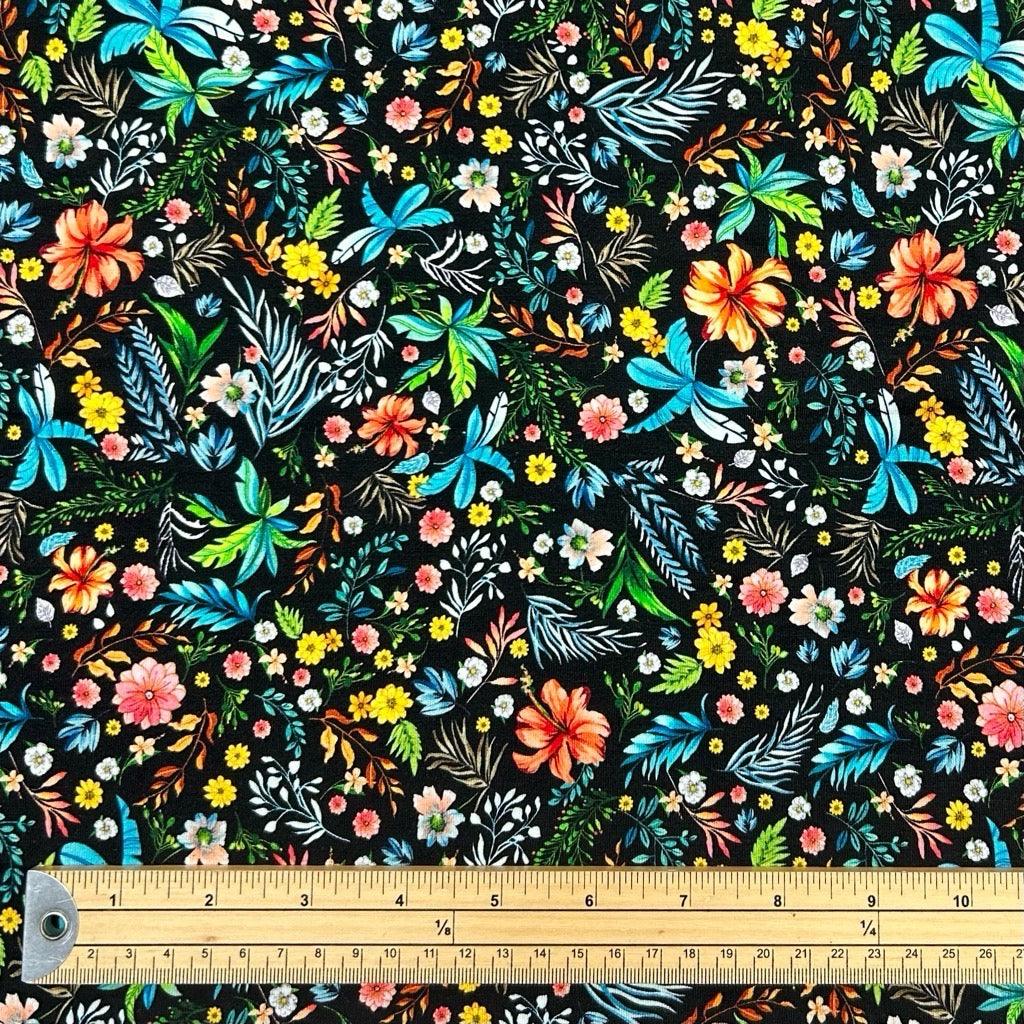 Busy Floral on Black Bamboo Jersey Fabric - Pound Fabrics
