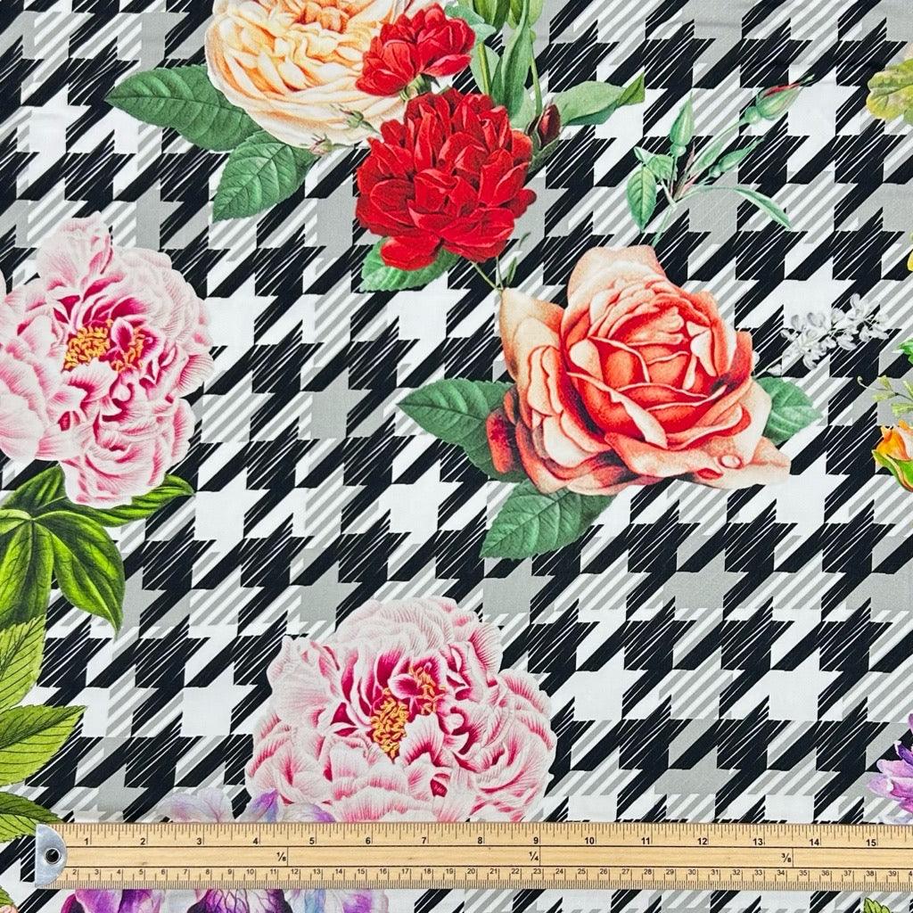 Flowers on Houndstooth Viscose Challis Fabric - Pound Fabrics