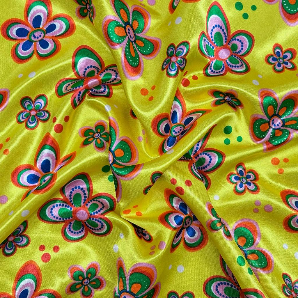 Quirky Flowers Satin Fabric - Pound Fabrics