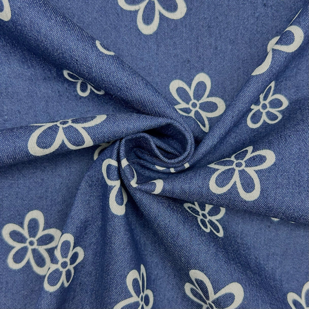 Doodle Daisies Stretch Denim Fabric