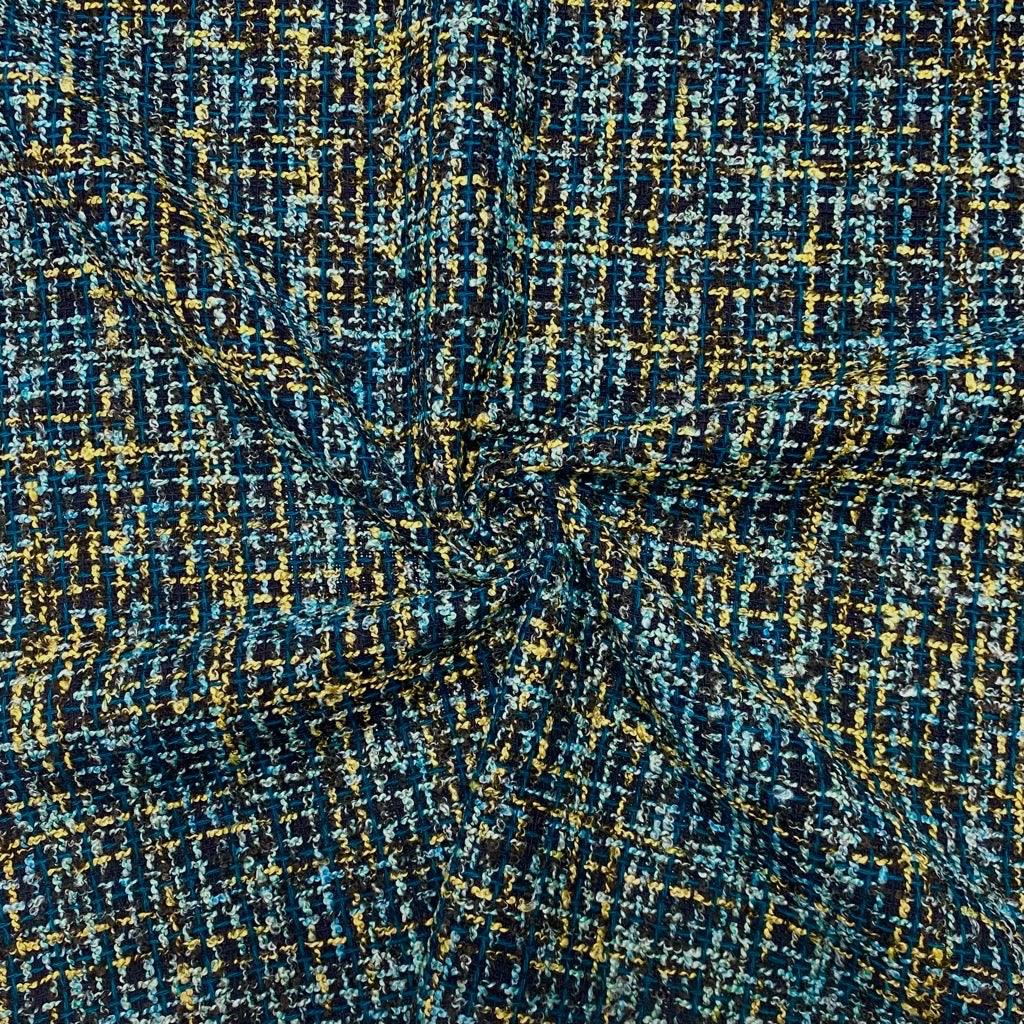 Blue and Yellow Boucle Tartan Wool Mix Fabric - Pound Fabrics