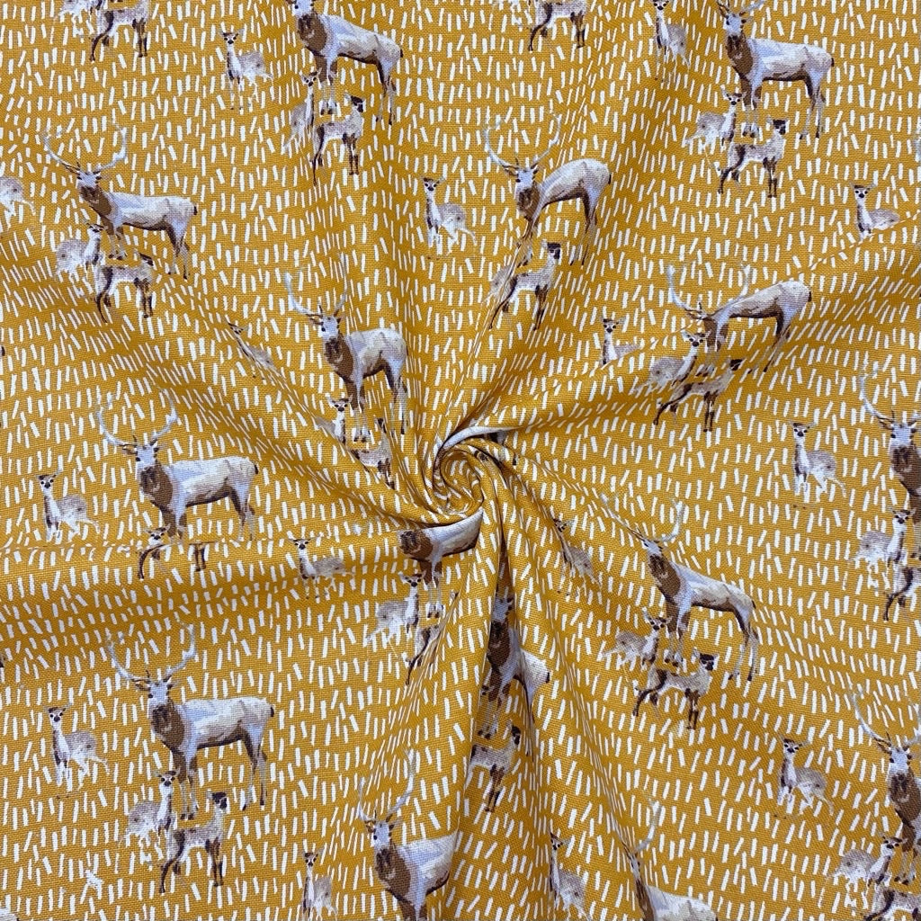 Deers on Ochre Cotton Canvas Fabric