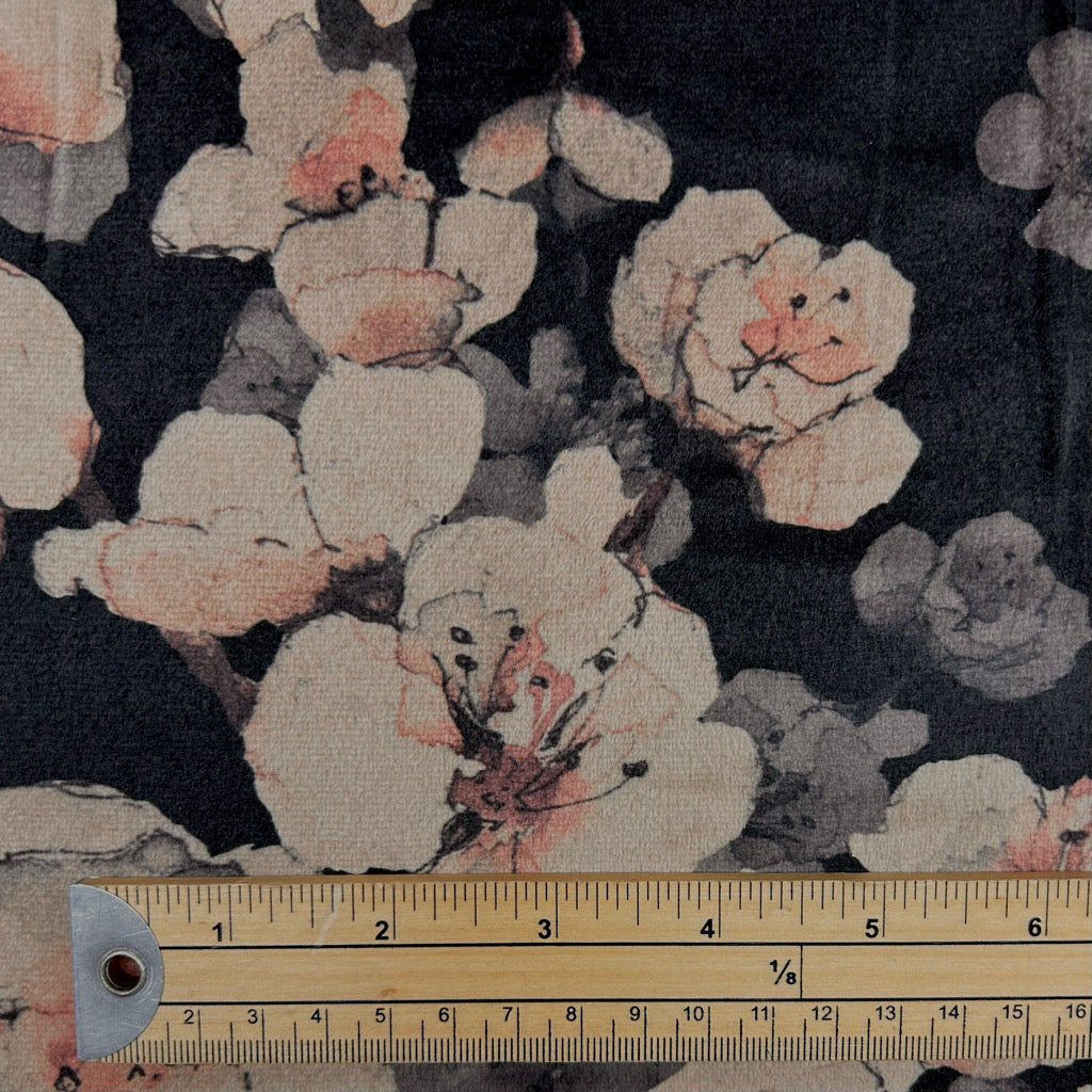 Cherry Bloom on Black Stretch Velvet Fabric