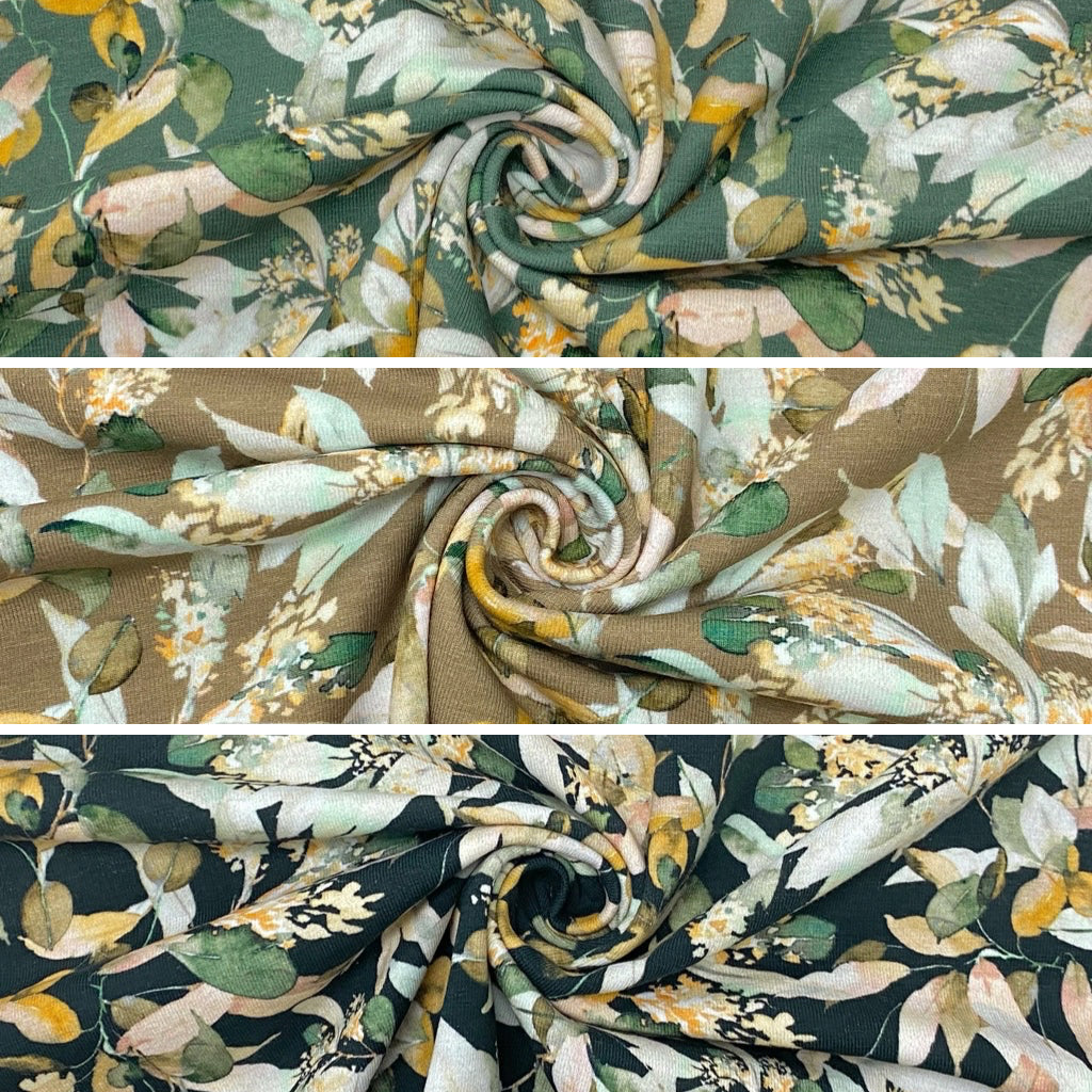 Abstract Leaves and Flowers Cotton Jersey Fabric