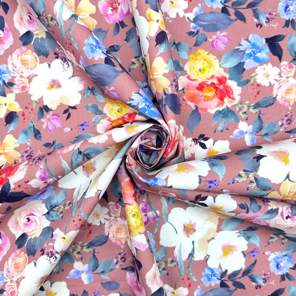 Colour Wash Flowers Rose & Hubble Cotton Poplin Fabric