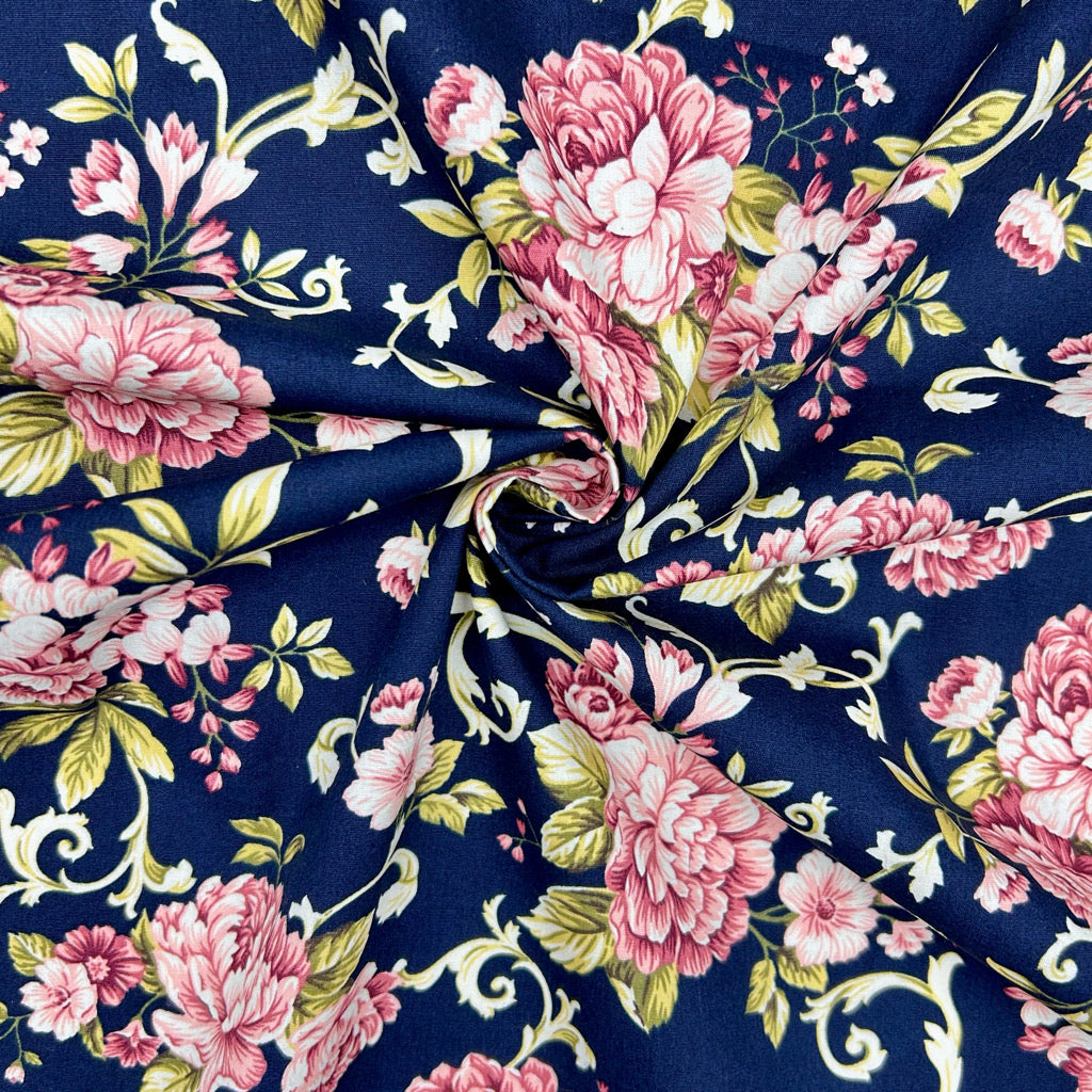 Floral Scroll Rose & Hubble Cotton Poplin Fabric