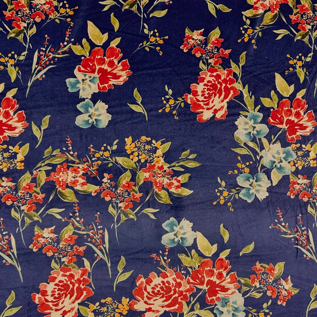 Wild Flowers on Navy Stretch Velvet Fabric