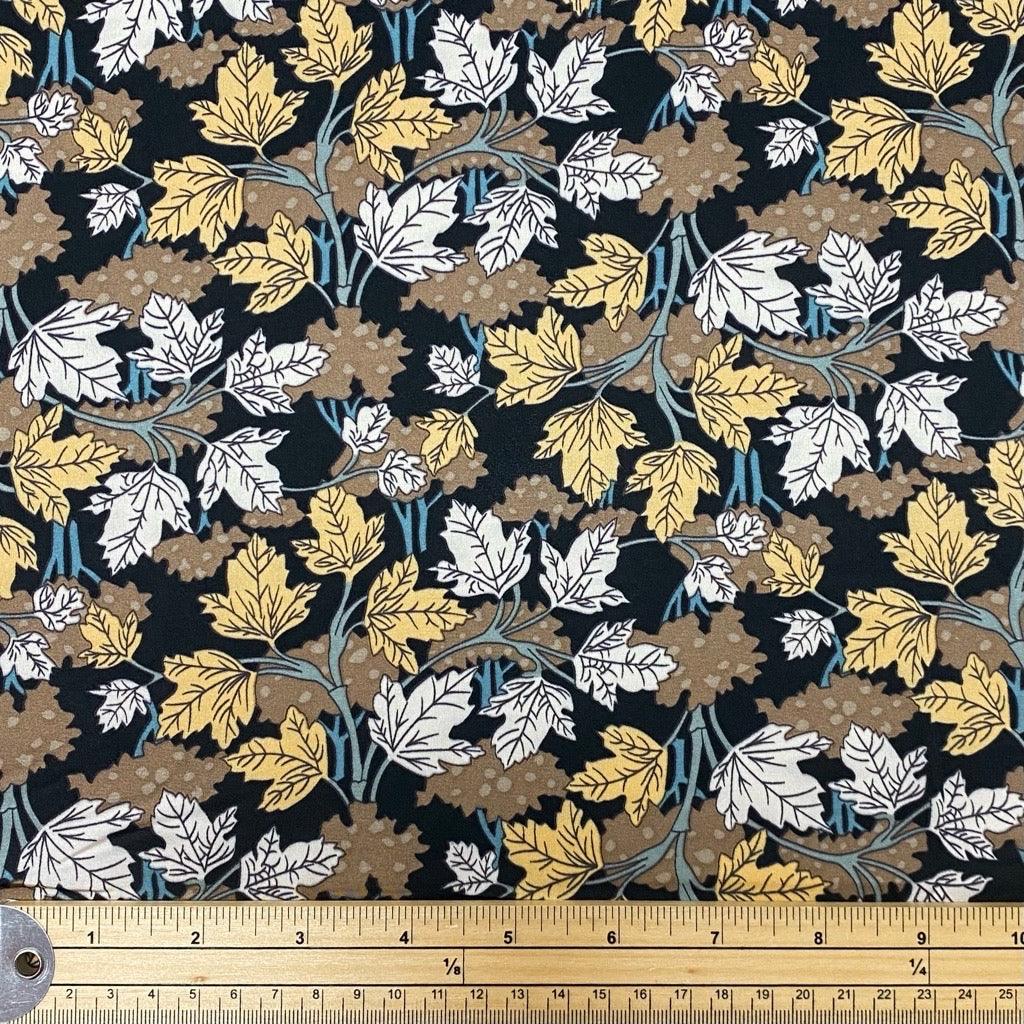 Autumn Leaves on Black Satin Fabric