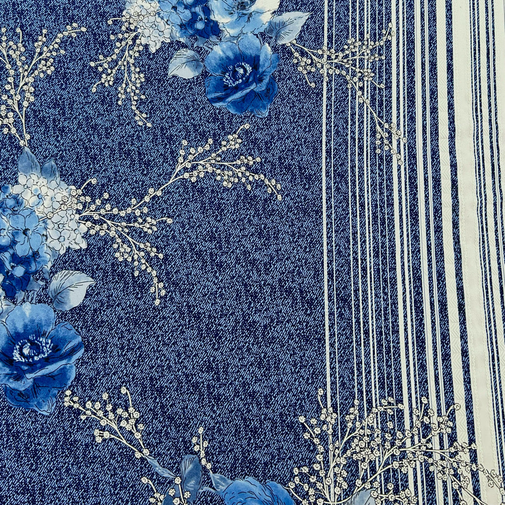 Flowers on Blue Jersey Fabric - Pound Fabrics