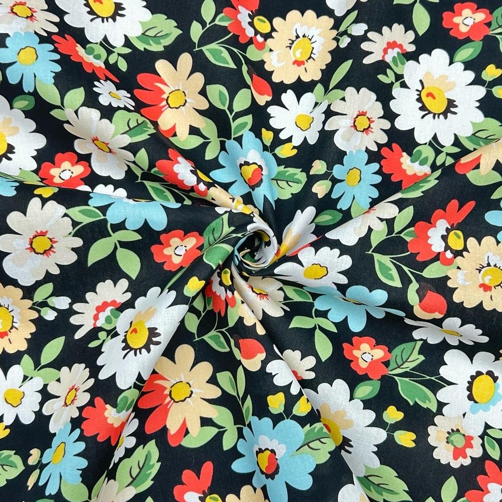 Blue, Orange and White Floral Cotton Poplin Fabric - Pound Fabrics