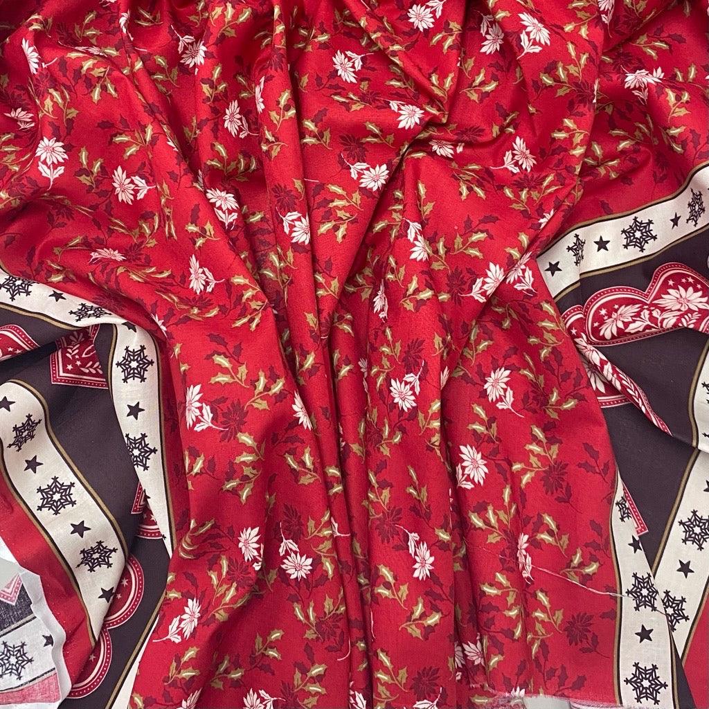 Xmas Red Flowers Double Border Cotton Fabric - Pound Fabrics