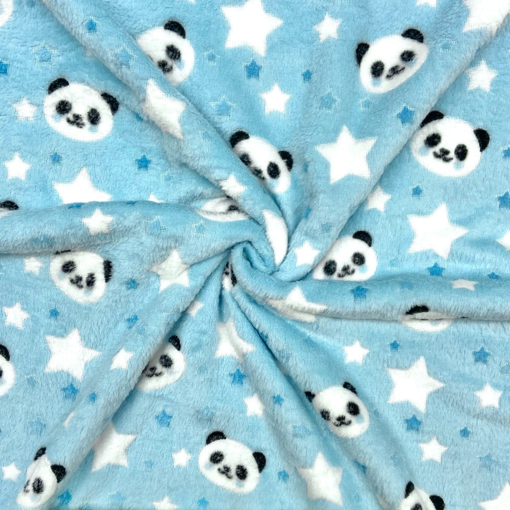 Panda Faces on Blue Soft Fleece Fabric - Pound Fabrics