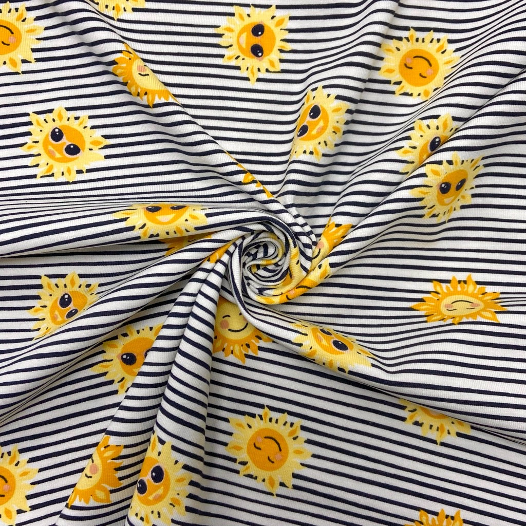 Smiley Sun on Striped Cotton Jersey Fabric