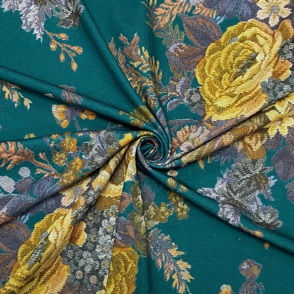 Floral Bouquets on Teal Knit Fabric - Pound Fabrics