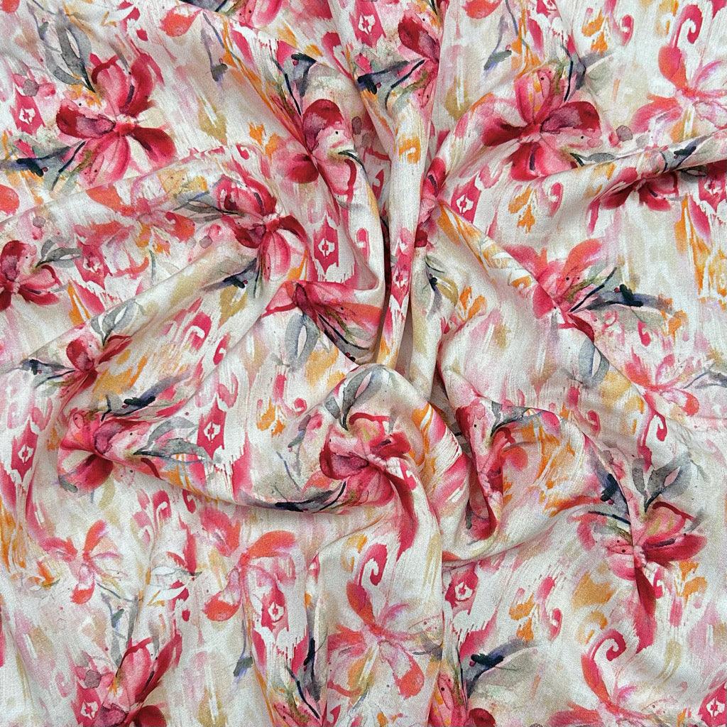 Pink/Red Floral Viscose Challis Fabric - Pound Fabrics