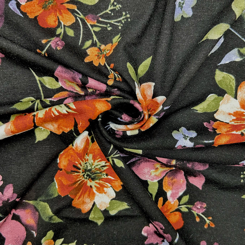 Floral Delight on Black Viscose Jersey Fabric