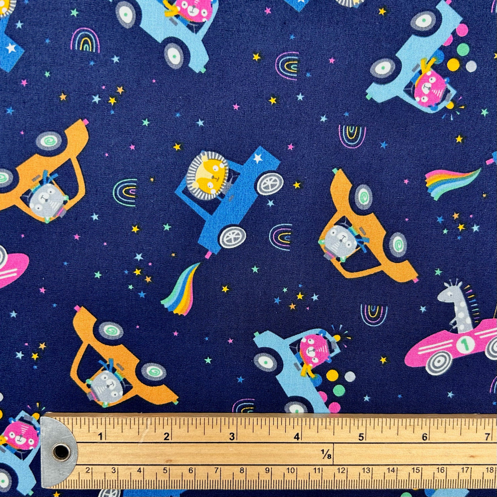 Animal Cars on Navy Rose & Hubble Cotton Poplin Fabric