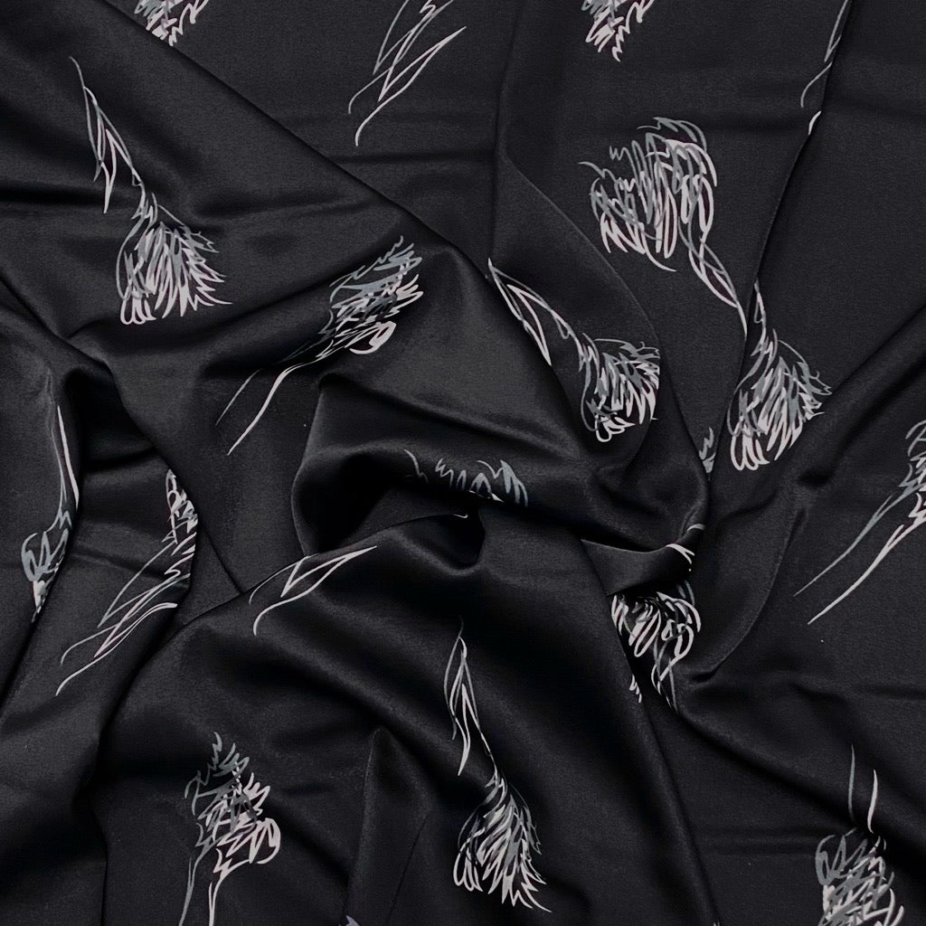 Grey and White Drawn Flowers on Black Satin Fabric