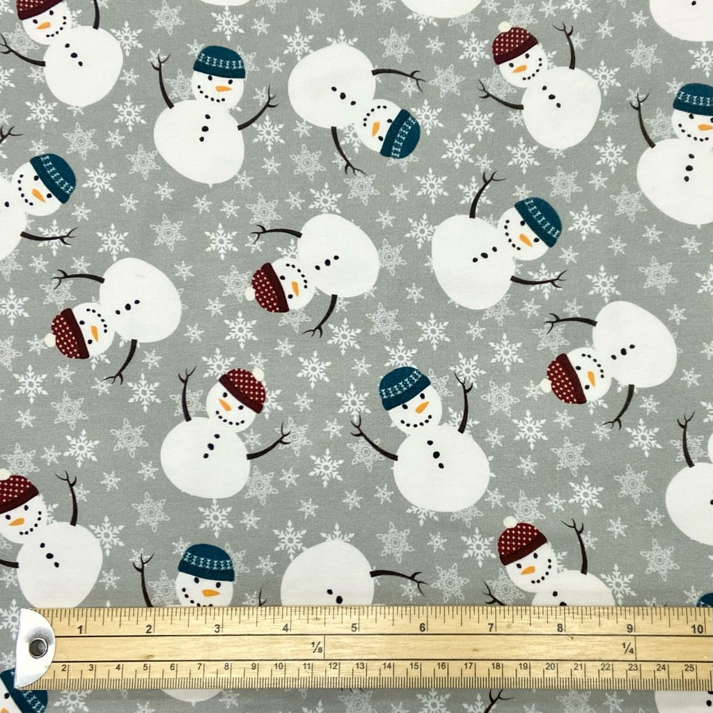 Snowman on Grey Brushed Cotton Jersey Fabric