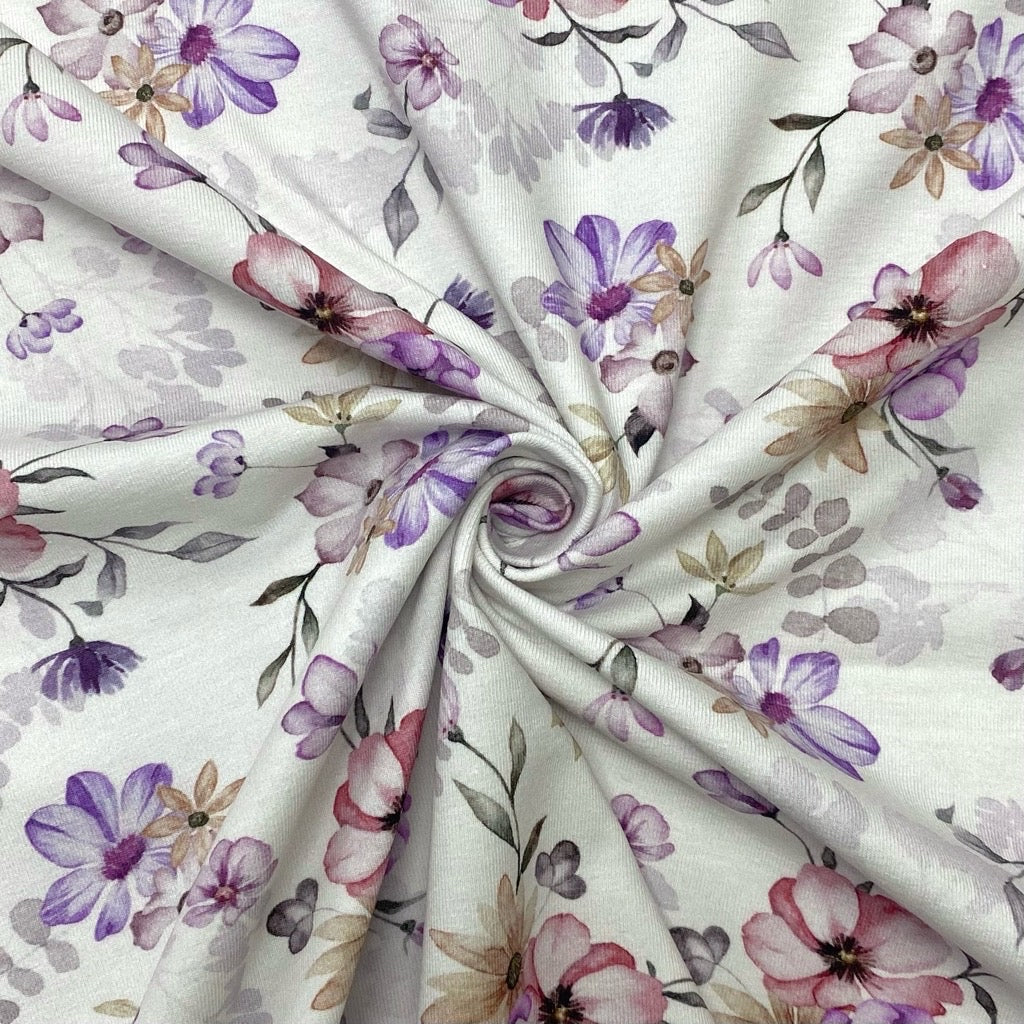 Flower Haven on White Organic Cotton Jersey Fabric