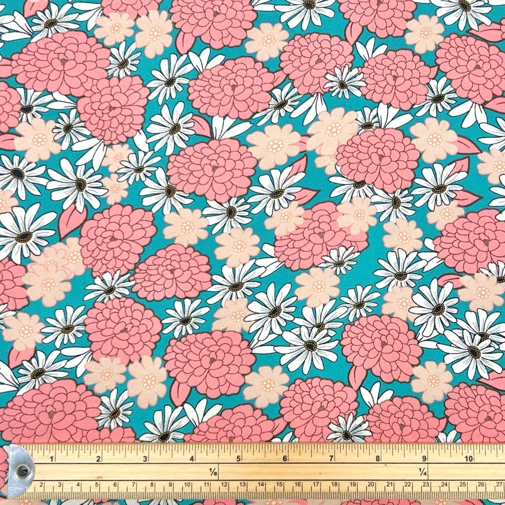 Pink and White Flowers on Teal Crepe Fabric