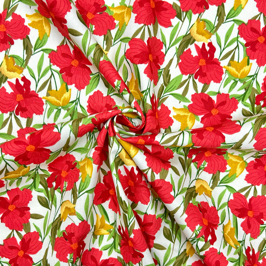 Red and Yellow Floral Rose & Hubble Cotton Poplin Fabric