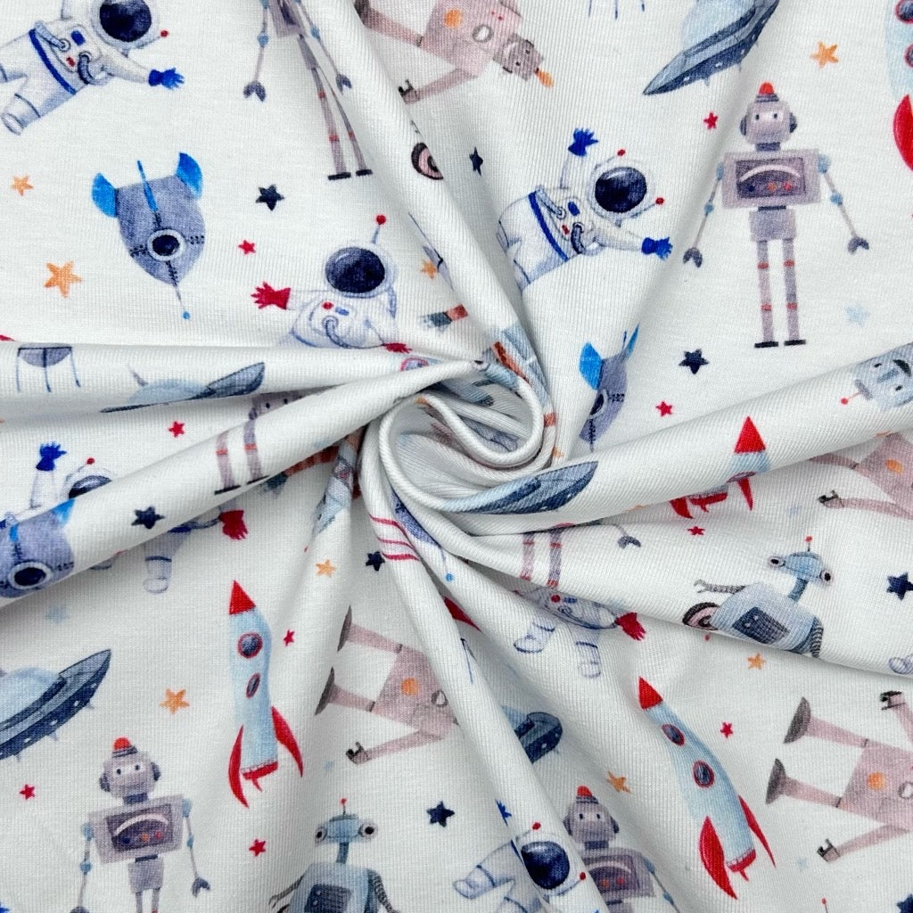 Rocket and Robot Organic Cotton Jersey Fabric - Little Johnny