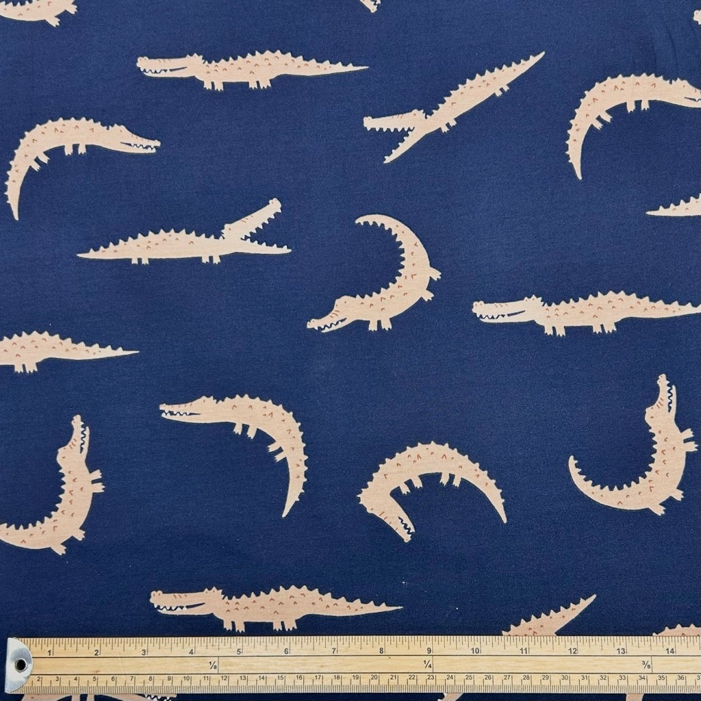 Crocodiles on Navy Cotton Jersey Fabric