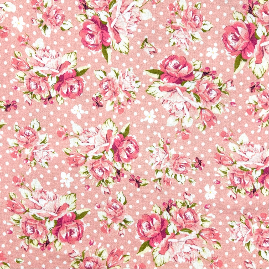 Pink Roses and Dots Double Gauze Fabric