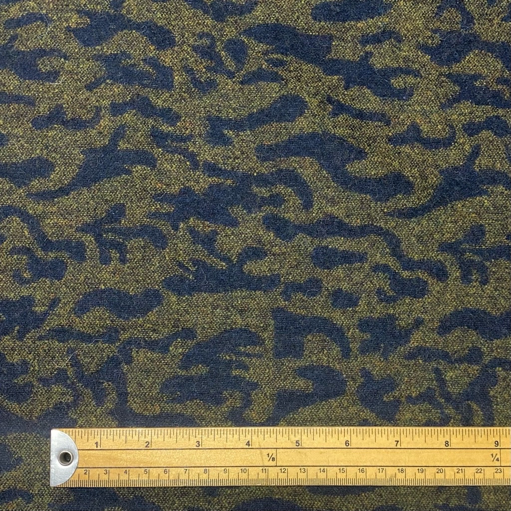 Navy Patterns on Khaki Wool Mix Fabric
