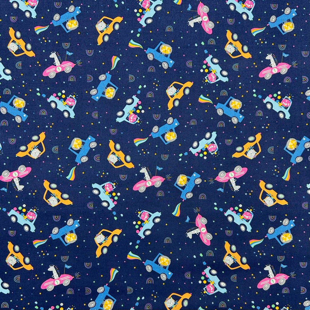 Animal Cars on Navy Rose & Hubble Cotton Poplin Fabric