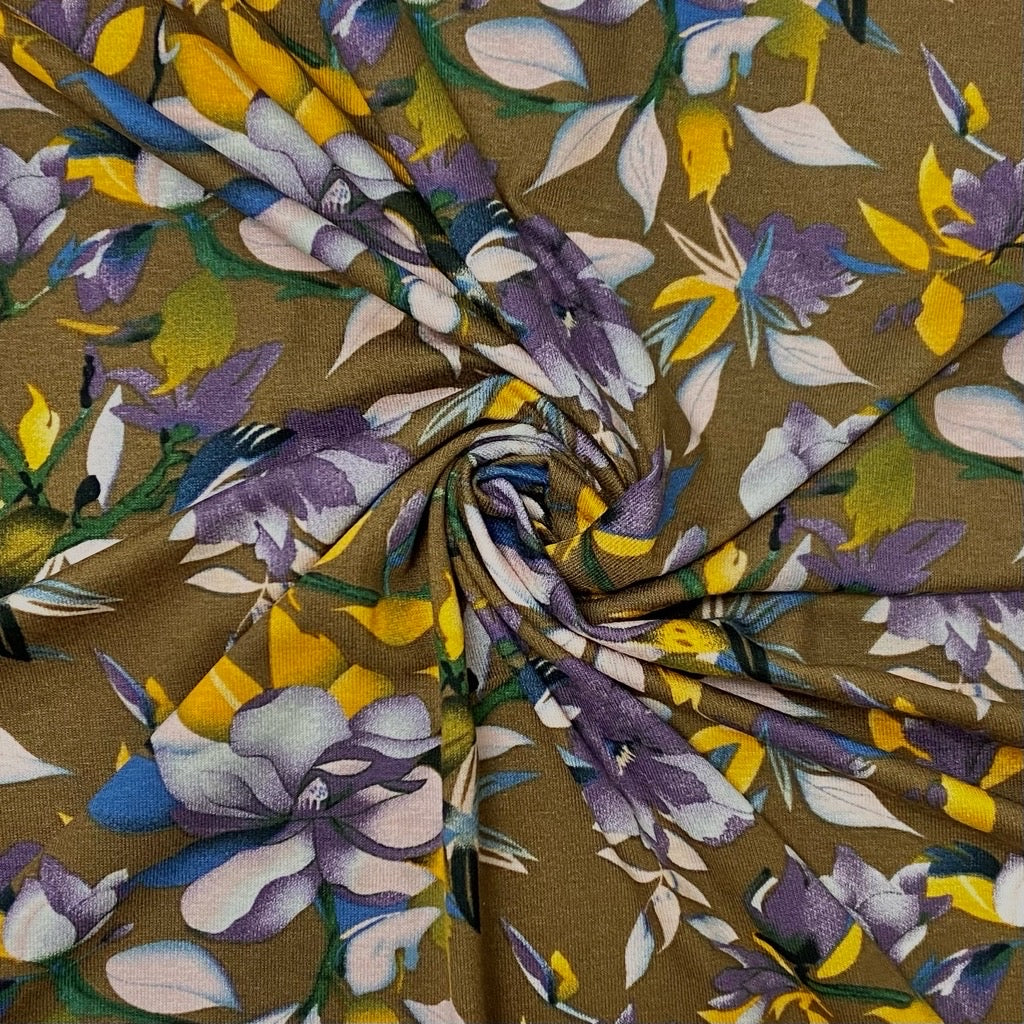 Purple and Yellow Flowers on Brown Viscose Jersey Fabric