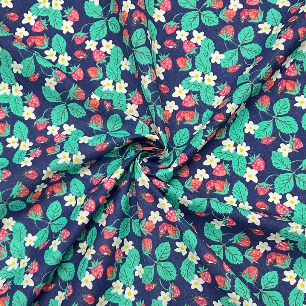 Strawberries and Daisies on Navy Polycotton Fabric - Pound Fabrics