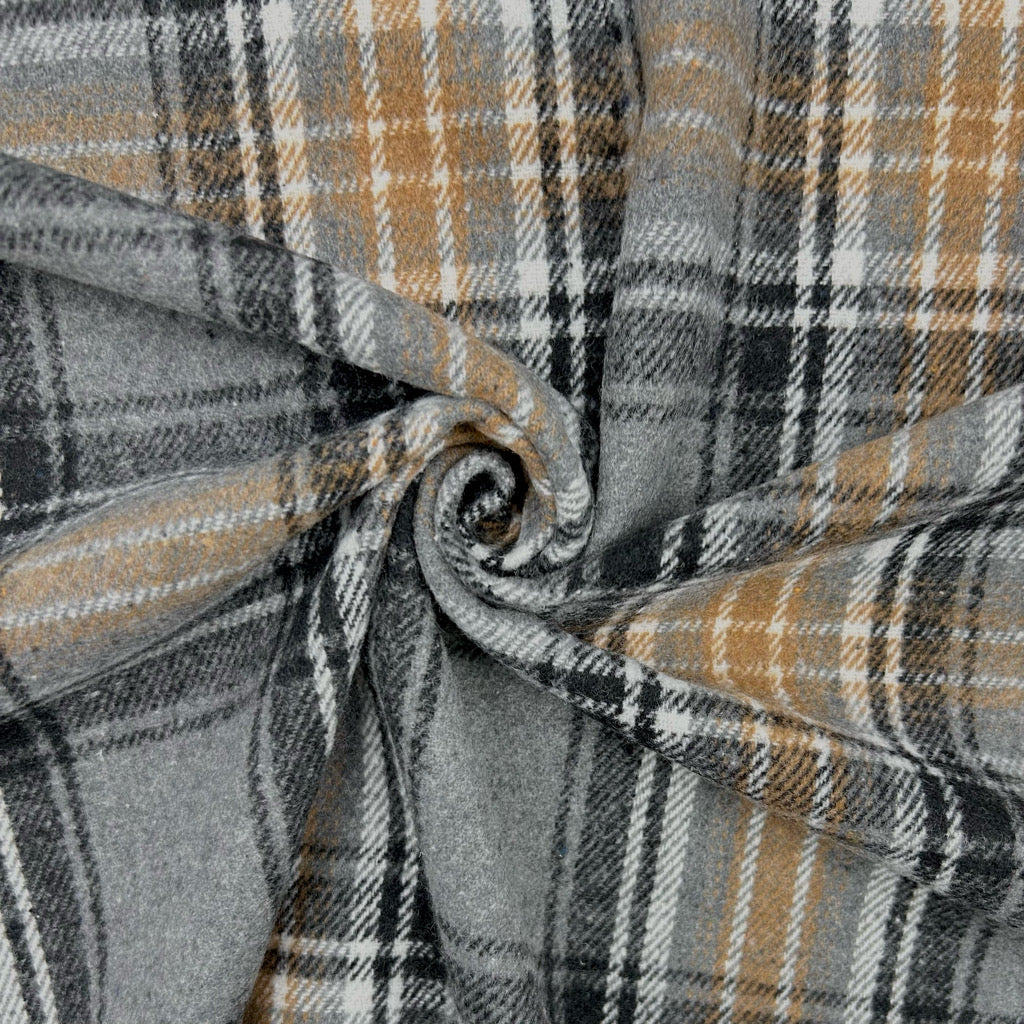 Grey and Black Checkered Brushed Cotton Blend Fabric