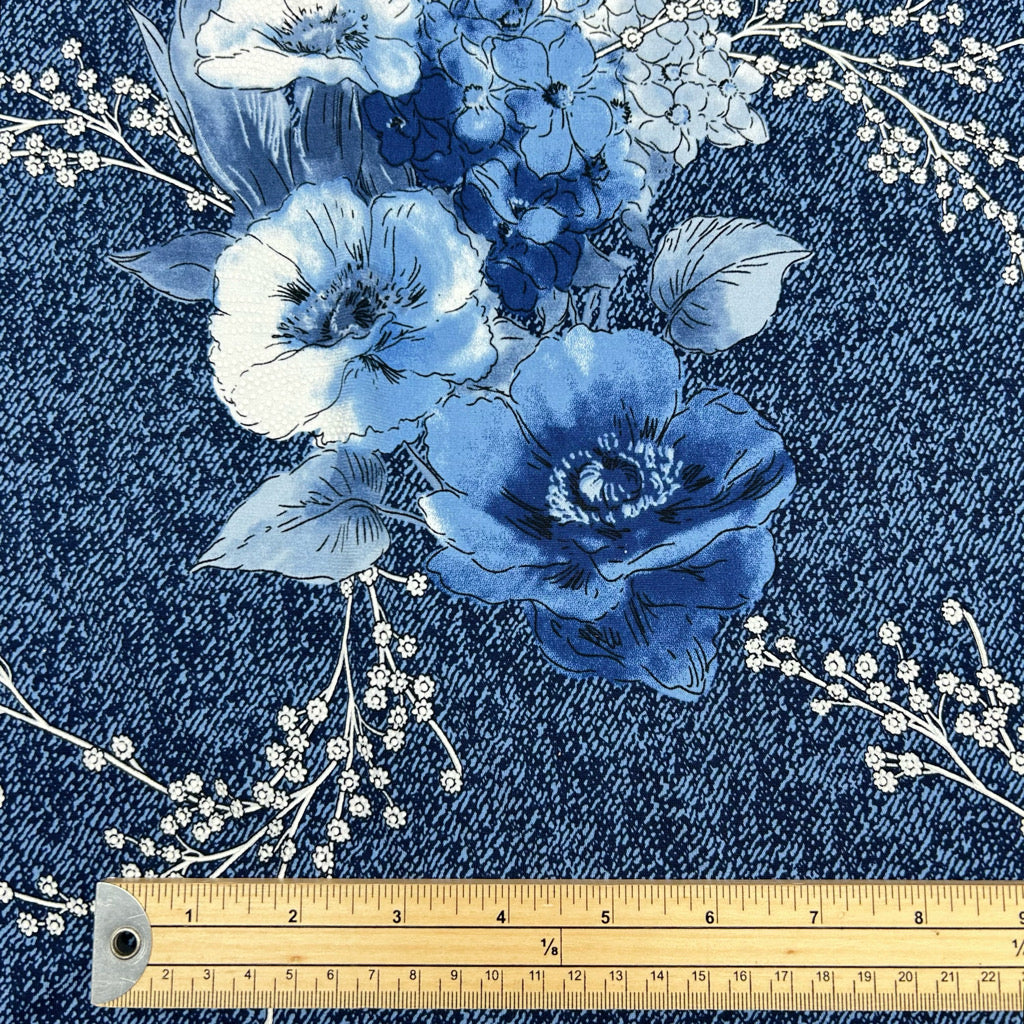 Flowers on Blue Jersey Fabric - Pound Fabrics