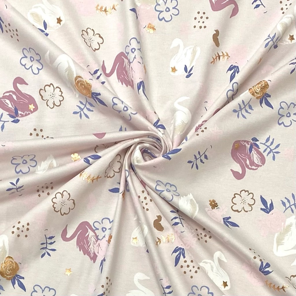 Gold Foil Flowers and Swans Cotton Jersey Fabric