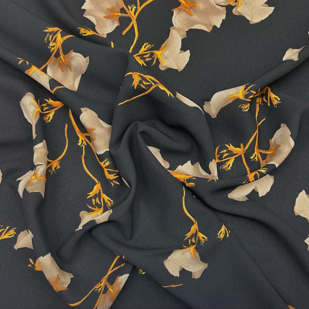 Falling Bouquets on Black Crepe Fabric - Pound Fabrics