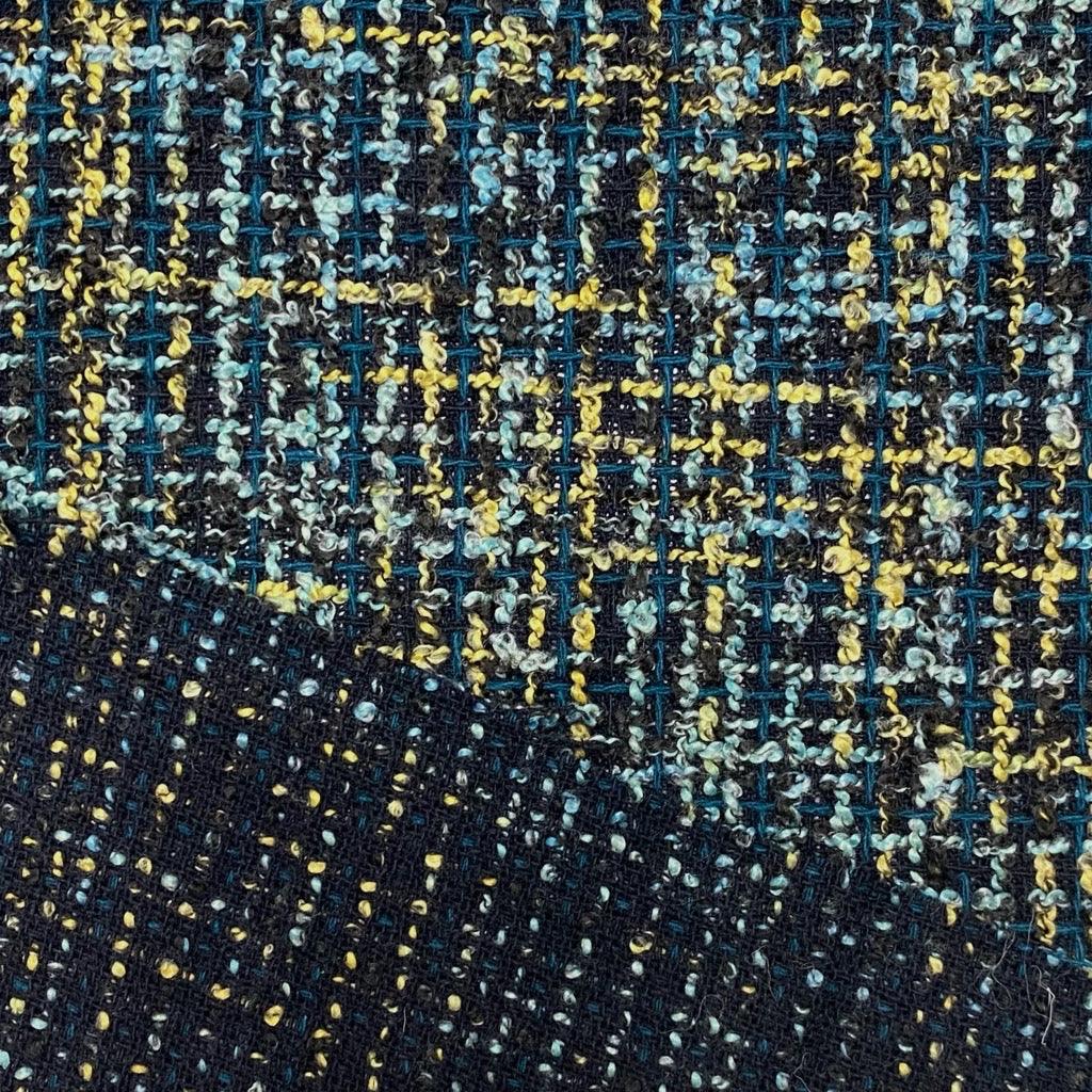 Blue and Yellow Boucle Tartan Wool Mix Fabric - Pound Fabrics