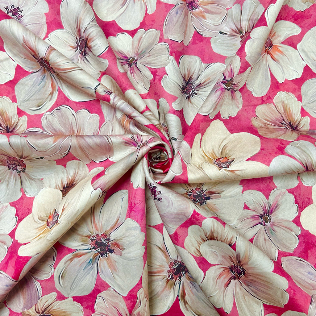 Beige Flowers Cotton Sateen Fabric