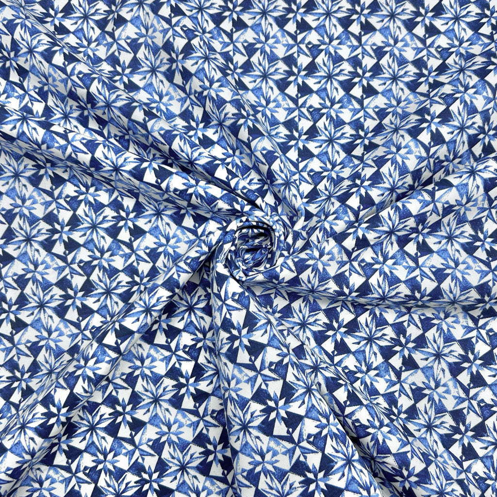 Abstract Blue Tiles Cotton Sateen Fabric