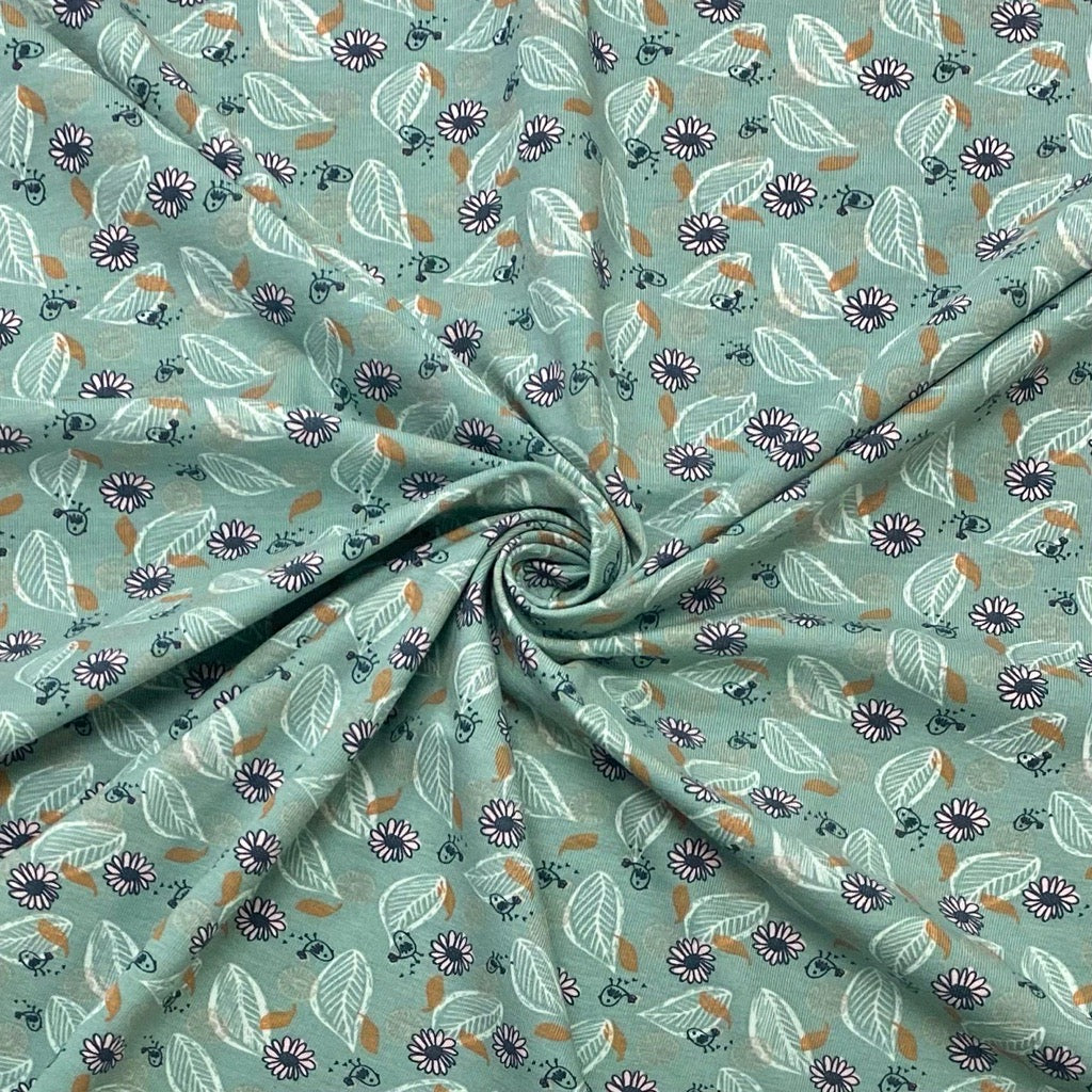 Flowers and Leaves on Dusky Mint Organic Cotton Jersey Fabric