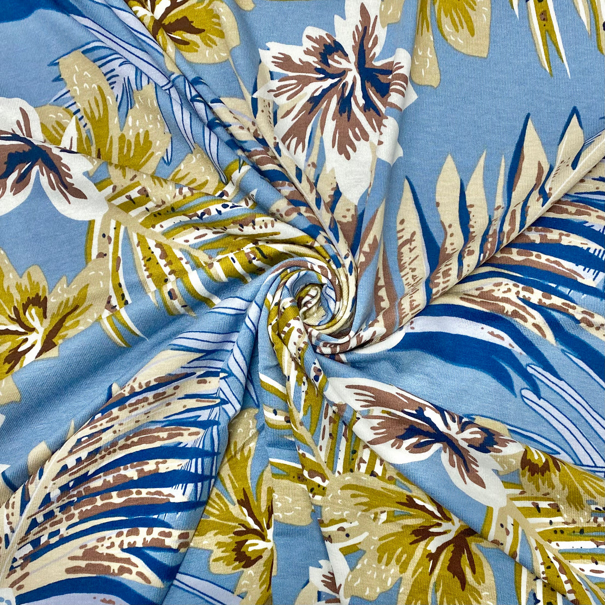 Tropical Scenery on Blue Viscose Jersey Fabric