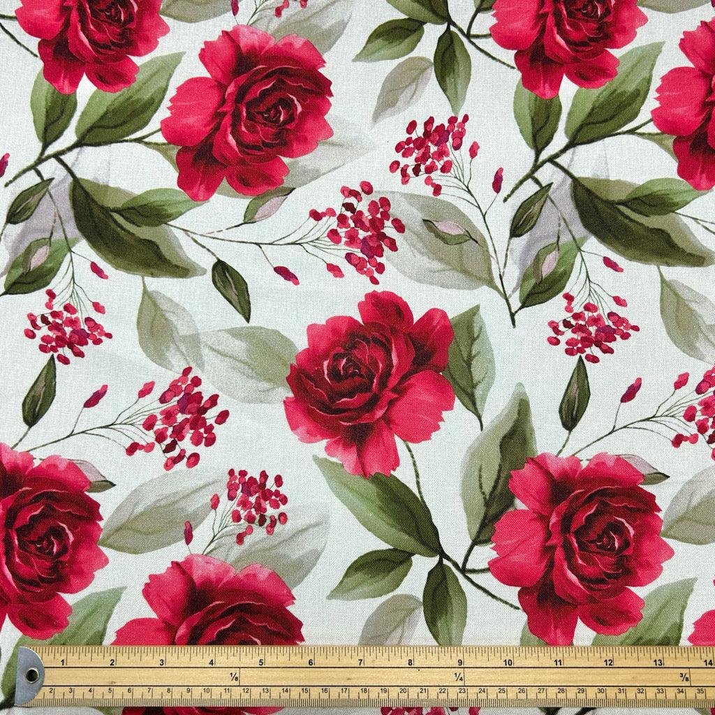 Roses on White Linen Viscose Fabric - Pound Fabrics