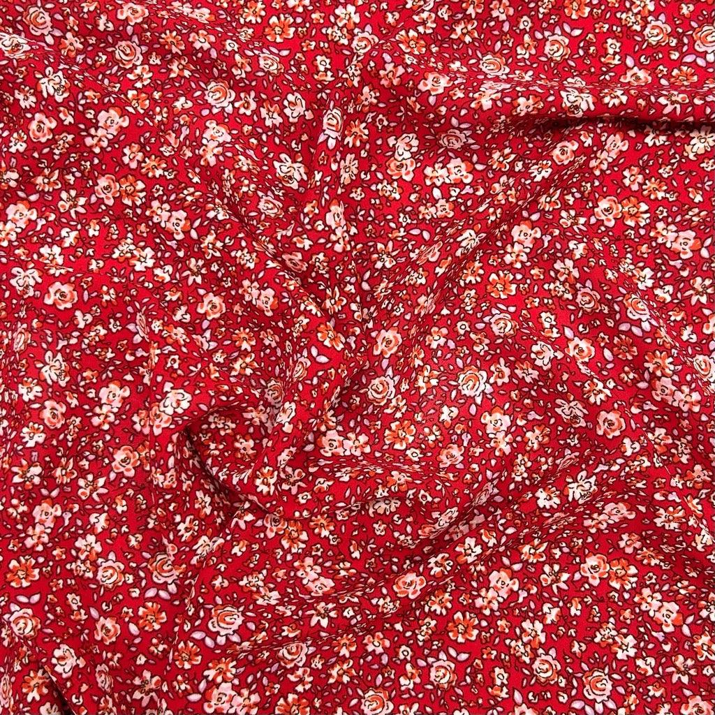 Cartoon Roses on Red Crepe Fabric - Pound Fabrics